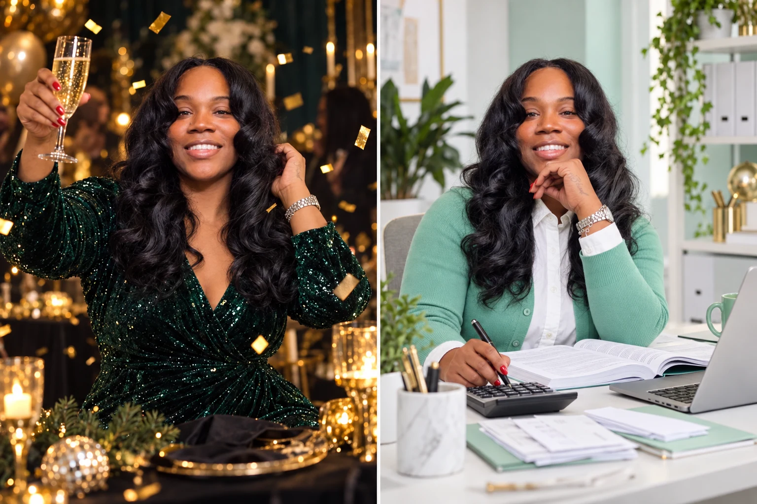 Campaign scenes of Rasheeda celebrating in emerald evening wear and working at a tax desk in a mint cardigan