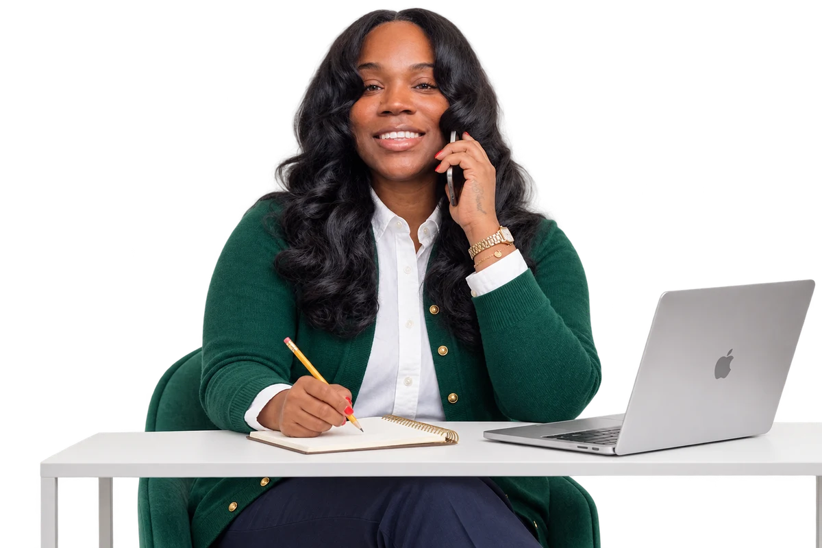 Rasheeda at her desk on a phone call, with a notebook and laptop